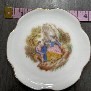 Vintage Porcelain Trinket Dish Romantic Courting Scene Gold Trim
